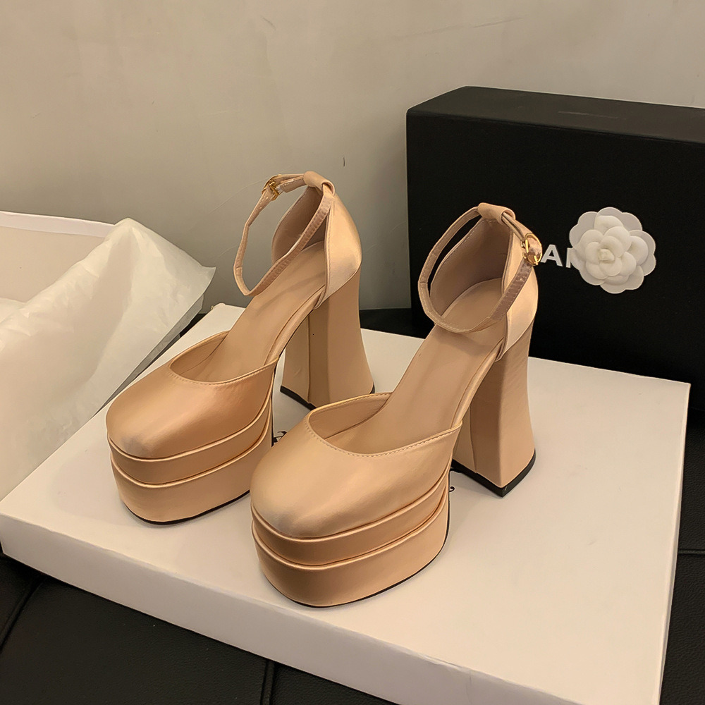 2026 Women's European and American Fashion Stiletto Waterproof Platform Leather Peep-toe Round Head Buckle Sandals ddmysaturn