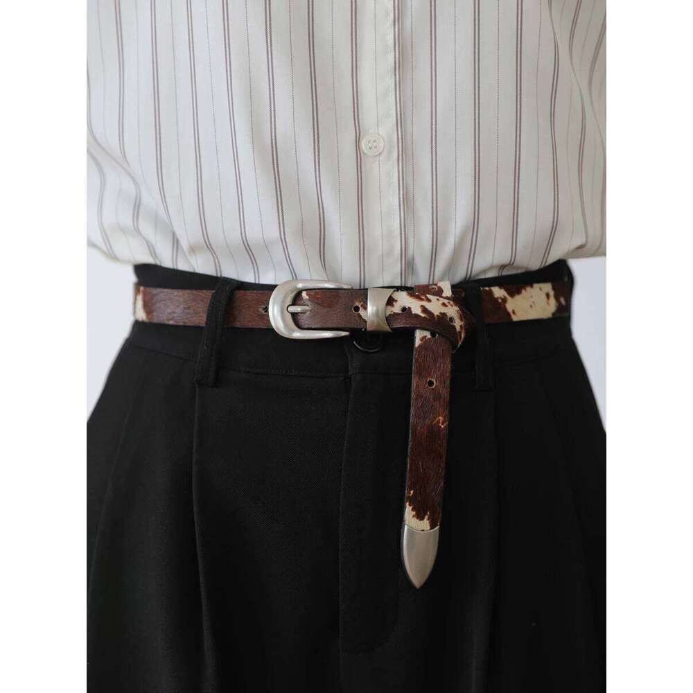 Women Men Handmade Cow Print Buckle Belt 2cm 26Y0117