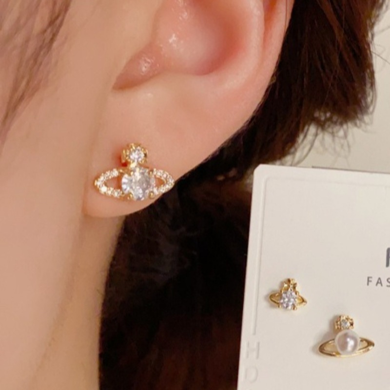 Dainty Saturn Pearl Stud Earrings Set with Micro Paved Cubic Zirconia S925 Silver Needle Fashion Versatile Jewelry for Women