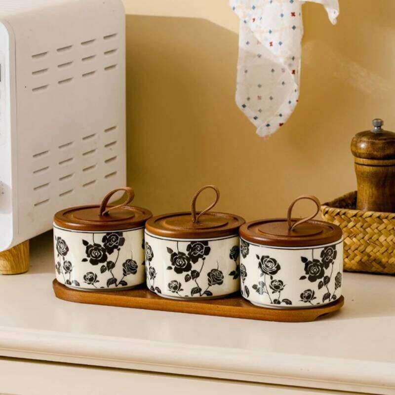 Ceramic Storage Jar Black Rose Pantry Decor Kitchen Storage Airtight Food-Grade Container for Coffee Beans Tea Sugar Kitchenware Sealed Storage Bottle