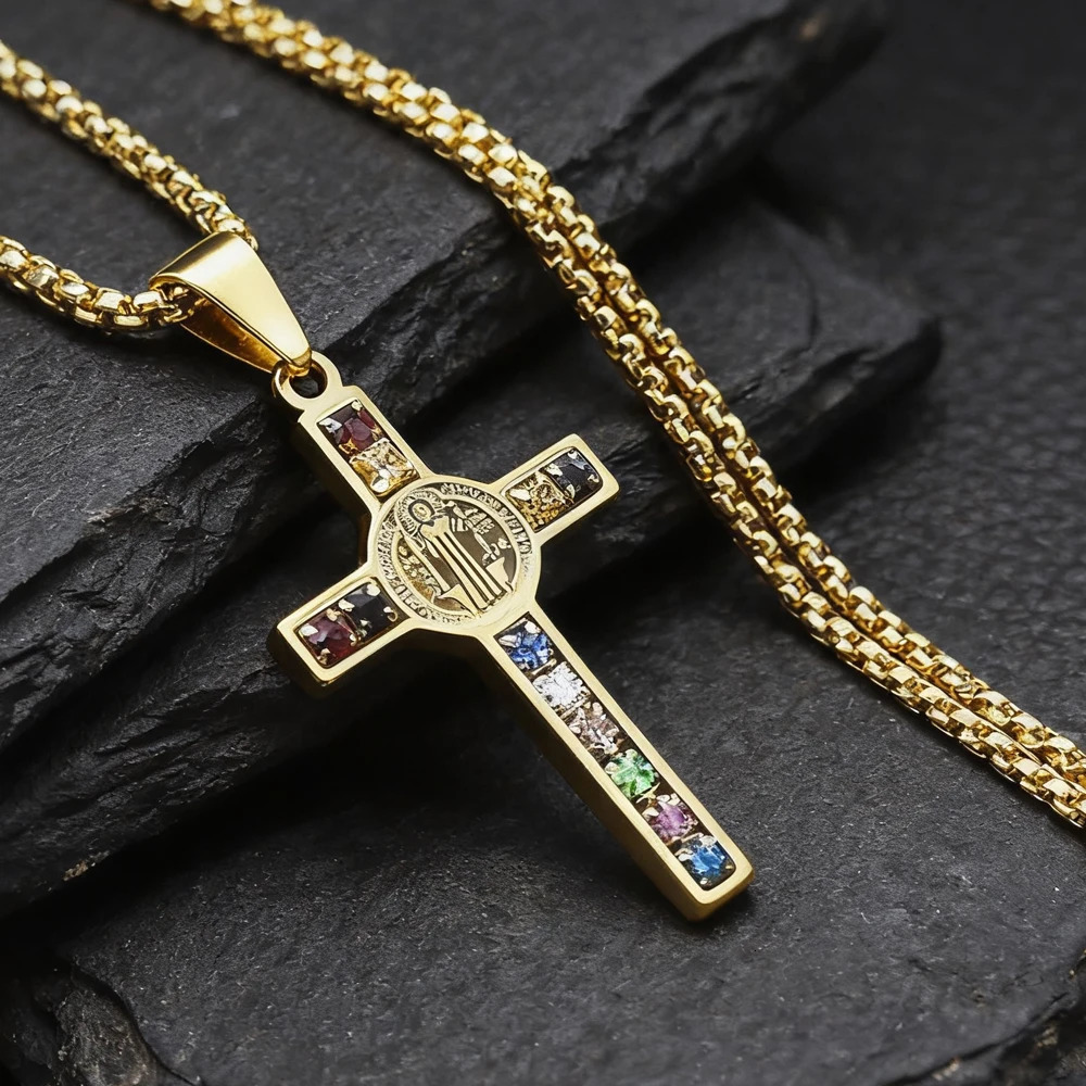 Saint Benedict Jesus Cross Stainless Steel Necklace Catholic Crucifix Male Colored Zircon Necklaces Jewelry San Benito 260113