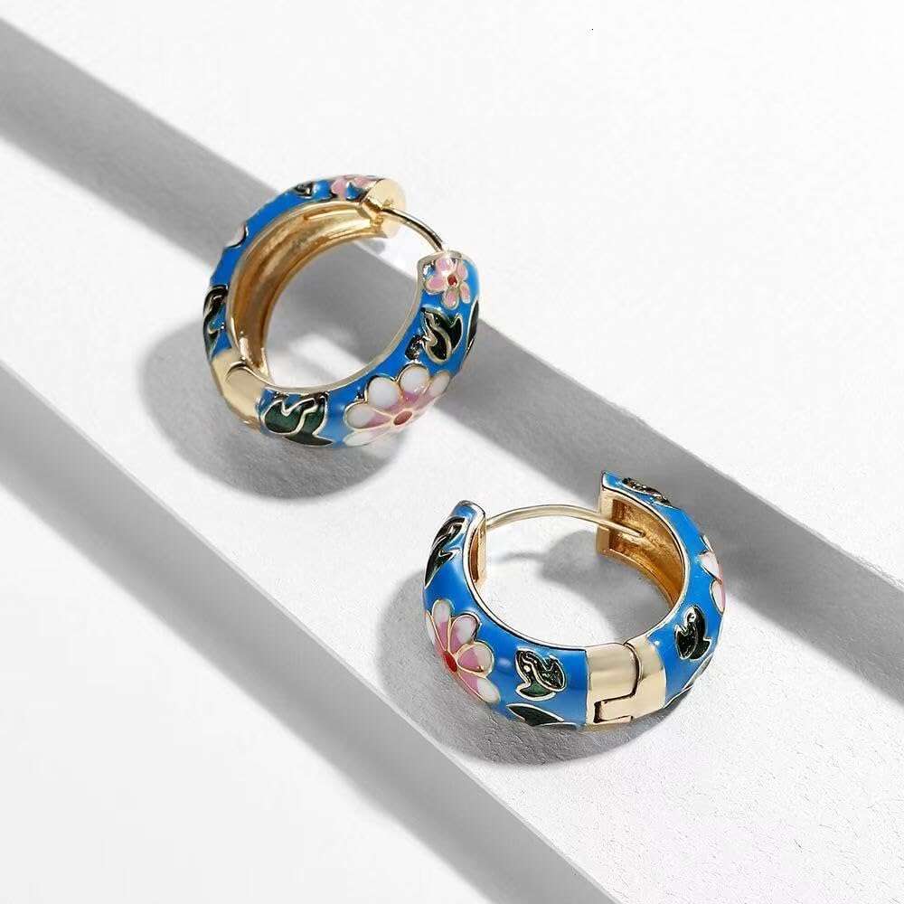 Jewellery Earrings Fine Jewellery Silver Plated Vintage Cloisonne Enamel with Blue Red Black Floral Chinese Style Design for Holiday Party and Special