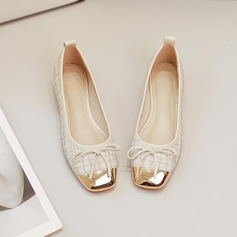 Luxury Sandals 2026 elegant Women's Tweed Ballet Flats Square Metal Cap Toe Bow Detail Casual Dress Shoes Free Shipping