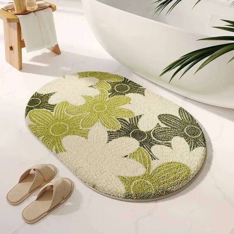 Small fresh flower bathroom floor mat, bedroom insulation and anti slip floor mat, anti fouling and easy to maintain, imitation cashmere floor mat