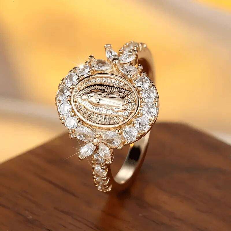 Elegant Gold Color Virgin Mary Ring with Synthetic Zirconia - Perfect for Casual Attire & Special Occasions