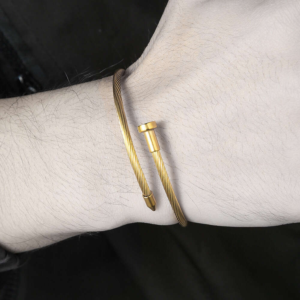 Men Women Gold Bangle Bracelet Unisex Titanium Steel Stainless Wire Rope Adjustable Open Cuff Bangle Personality Jewelry for Party Dating Daily Wear