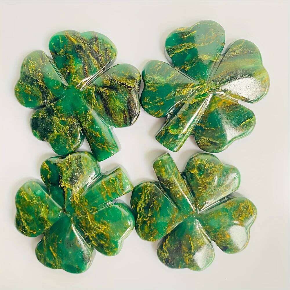 1pc Natural PeaRooster Crystal Stone Four Leaf Clover Marbled Green Yellow Loose Gemstone for DIY Jewelry Making Home Decor