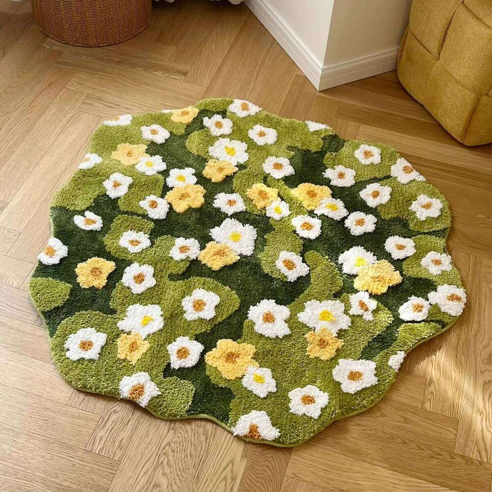 Plush Carpet Luxury Home Decor Daisy Tufting Moss Soft Non-Slip Bedroom Rug Meadow Green Plant Design for Bathroom Living Room Bedside Aesthetic Floor