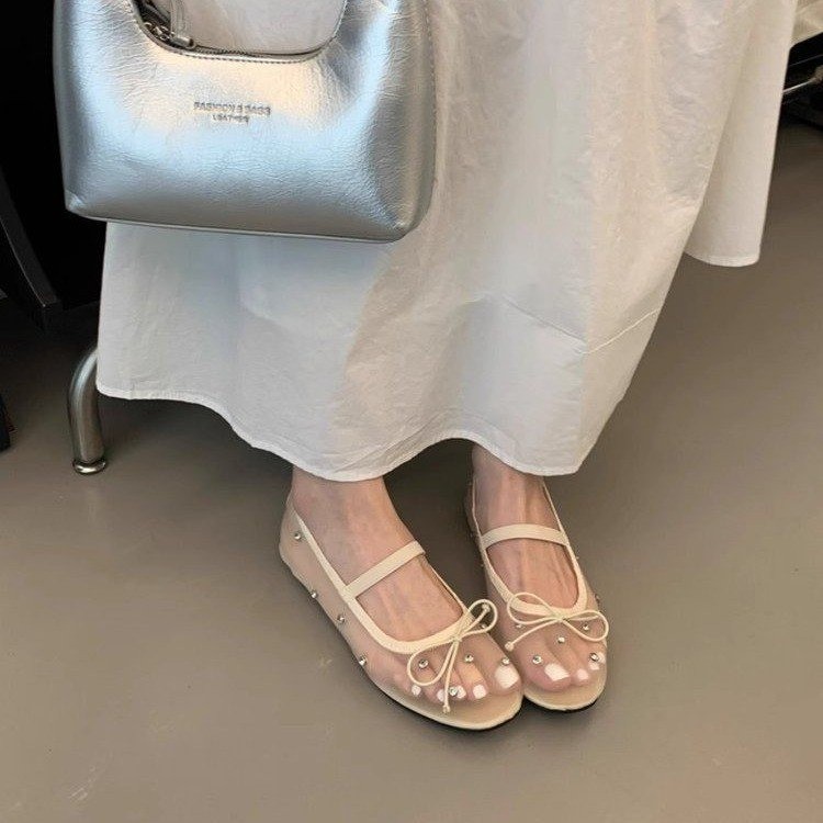 Free Shipping 2026 Crystal Embellished Ballet Flats, Mesh Mary Jane Shoes with Bow, Breathable Round Toe Casual Pumps