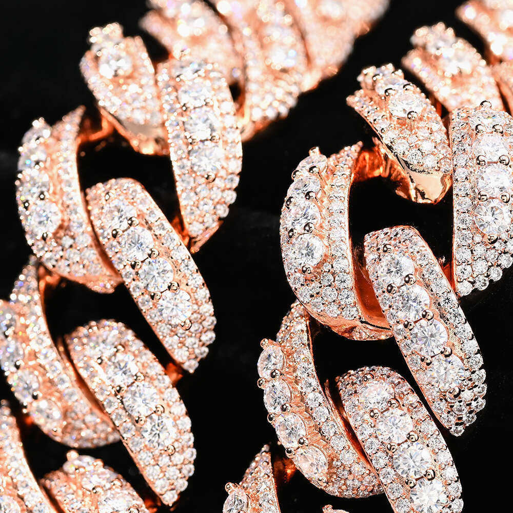 22mm Curved Flip Clasp with Raised Pointer Cuban Chain Brass Moissanite Rose Gold Plated Ice Crystal Necklace Hip Hop Jewelry