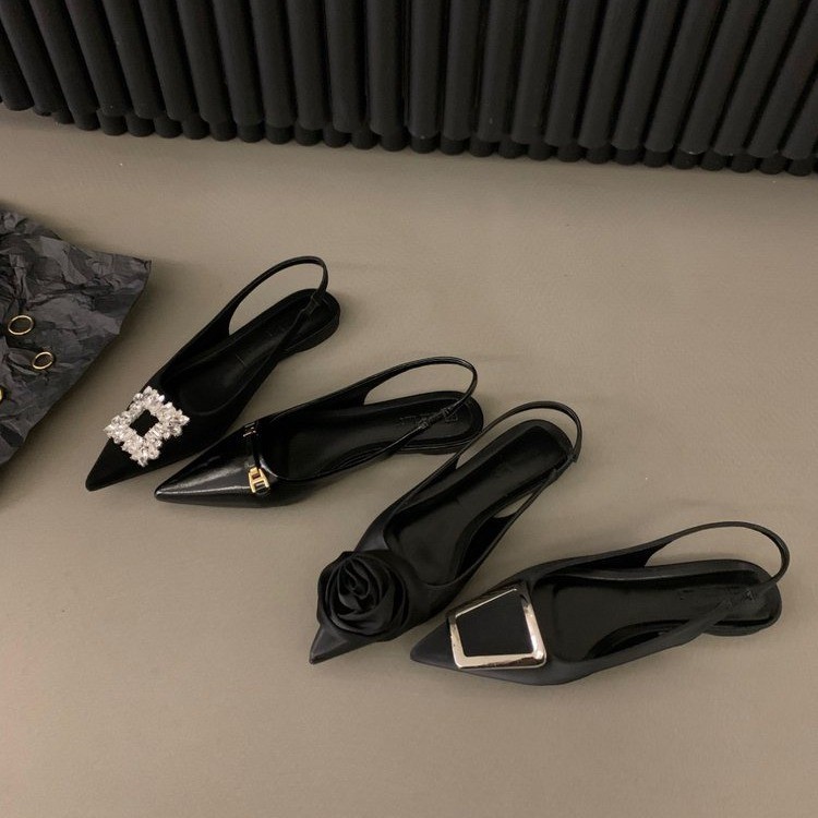 French Style Pointed Toe Ballet Flats, 2026 Black Slingback Shoes with Crystal Accents, Elegant Summer Casual Pumps