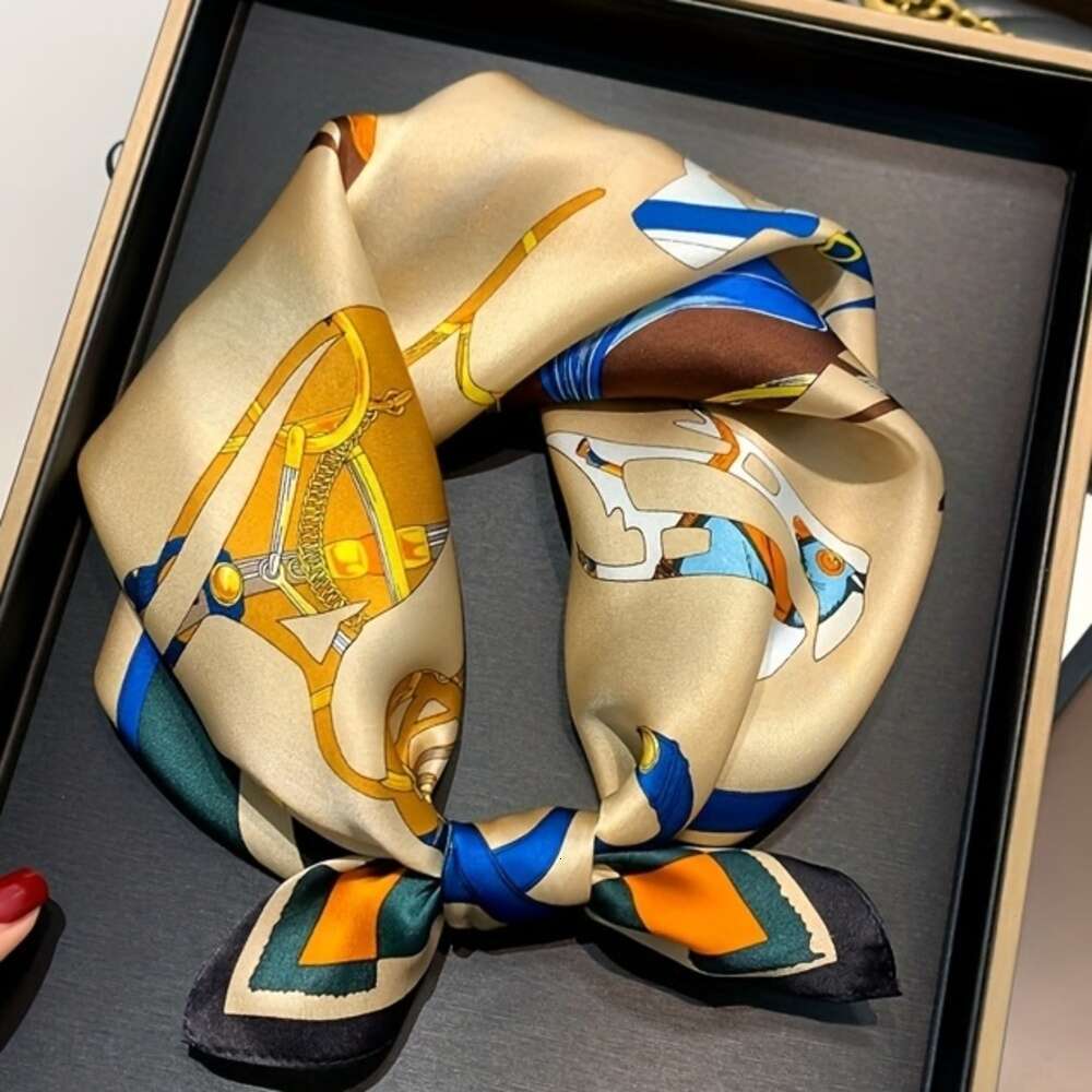 100% Mulberry Silk Breathable, Non-Stretch, Hand-Washable - Stylish Decorative Square Headscarf With Geometric Patterns In Blue