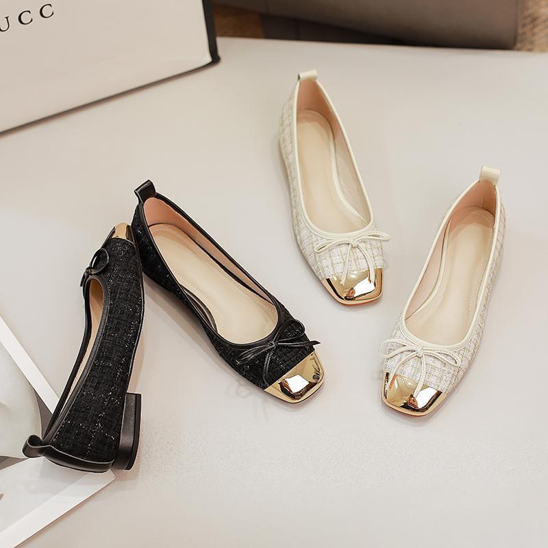 Luxury Sandals 2026 elegant Women's Tweed Ballet Flats Square Metal Cap Toe Bow Detail Casual Dress Shoes Free Shipping
