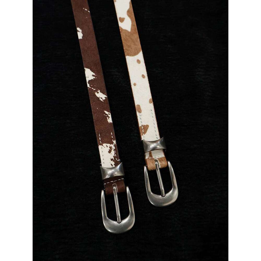 Women Men Handmade Cow Print Buckle Belt 2cm 26Y0117