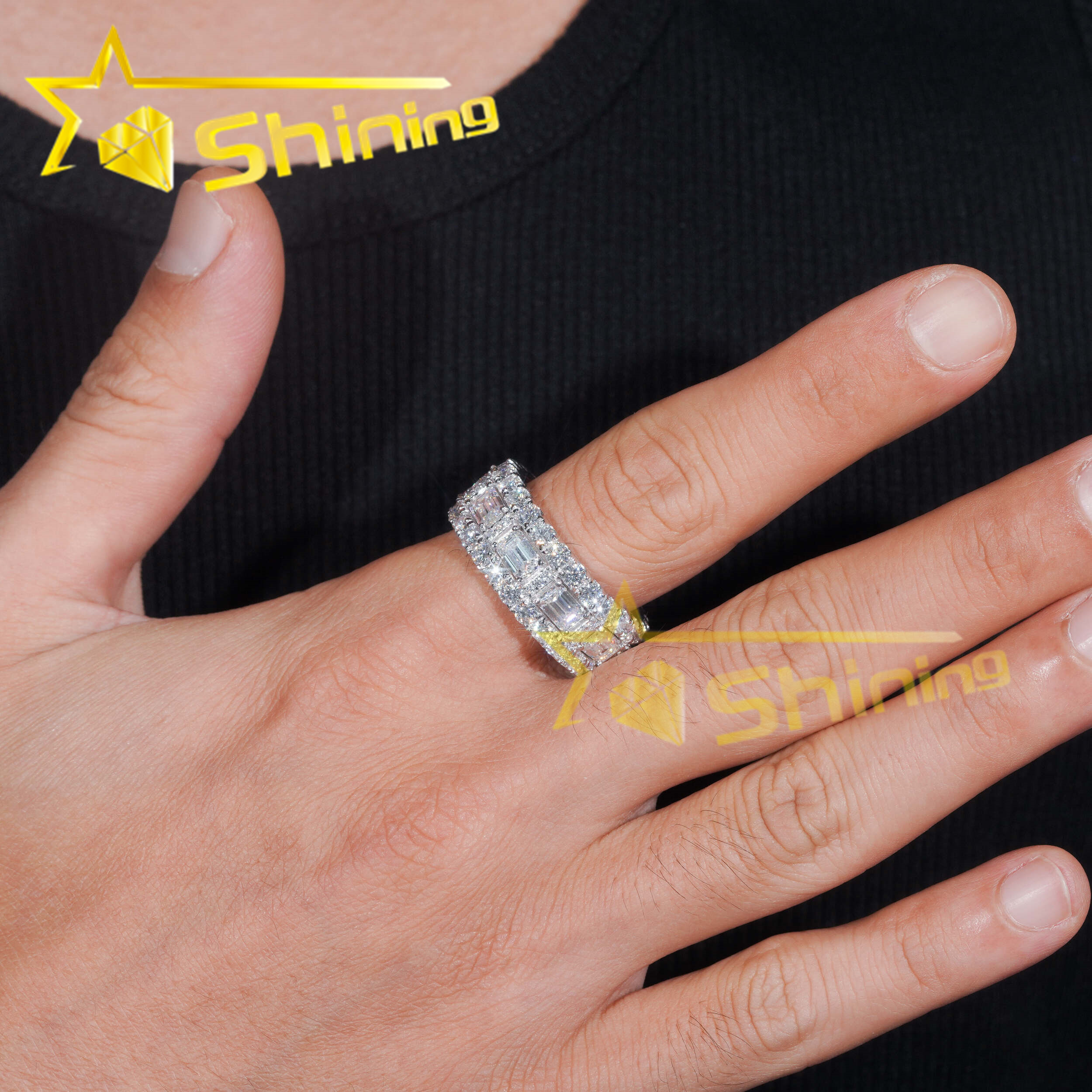 Luxury Emerald Cut Moissanite Iced Out Mens Ring 925 Silver Gold Plated Hip Hop Fine Jewelry Men Ring