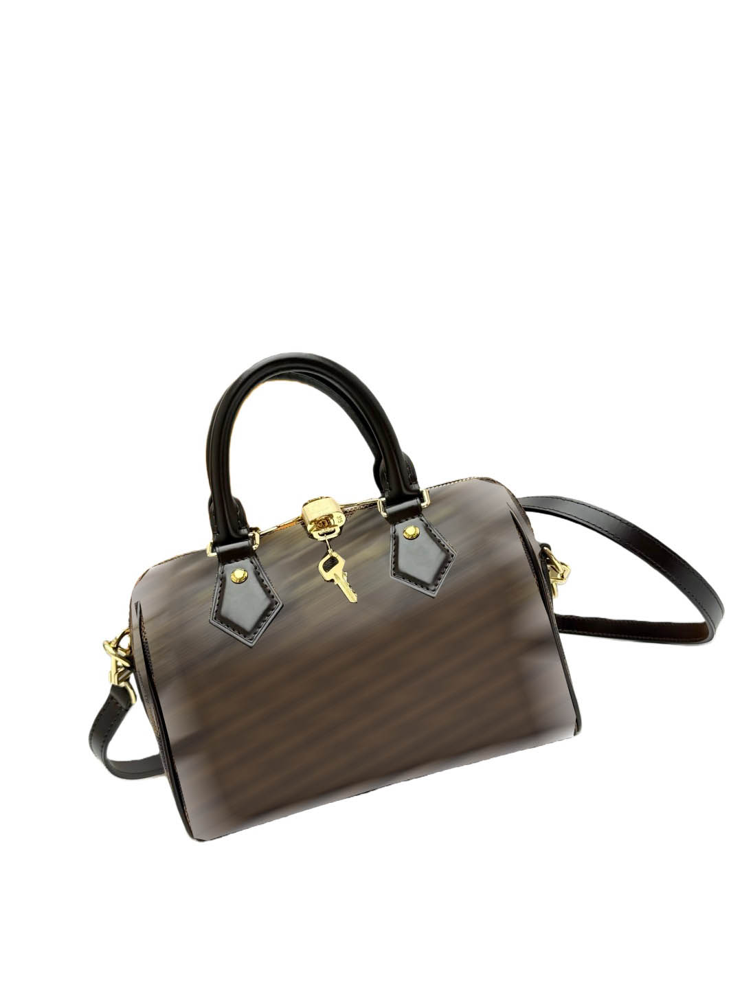 Designer bag, classic design, with rolled leather handles, detachable and adjustable fabric strap