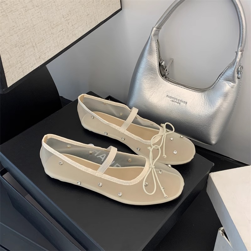 Free Shipping 2026 Crystal Embellished Ballet Flats, Mesh Mary Jane Shoes with Bow, Breathable Round Toe Casual Pumps