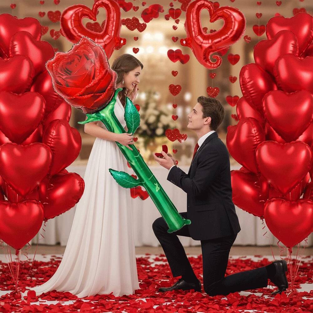 Romantic Valentines Day Decorations Heart Globos Giant Rose I LOVE YOU Foil Balloon Fake Petals For Proposal Wedding Anniversary