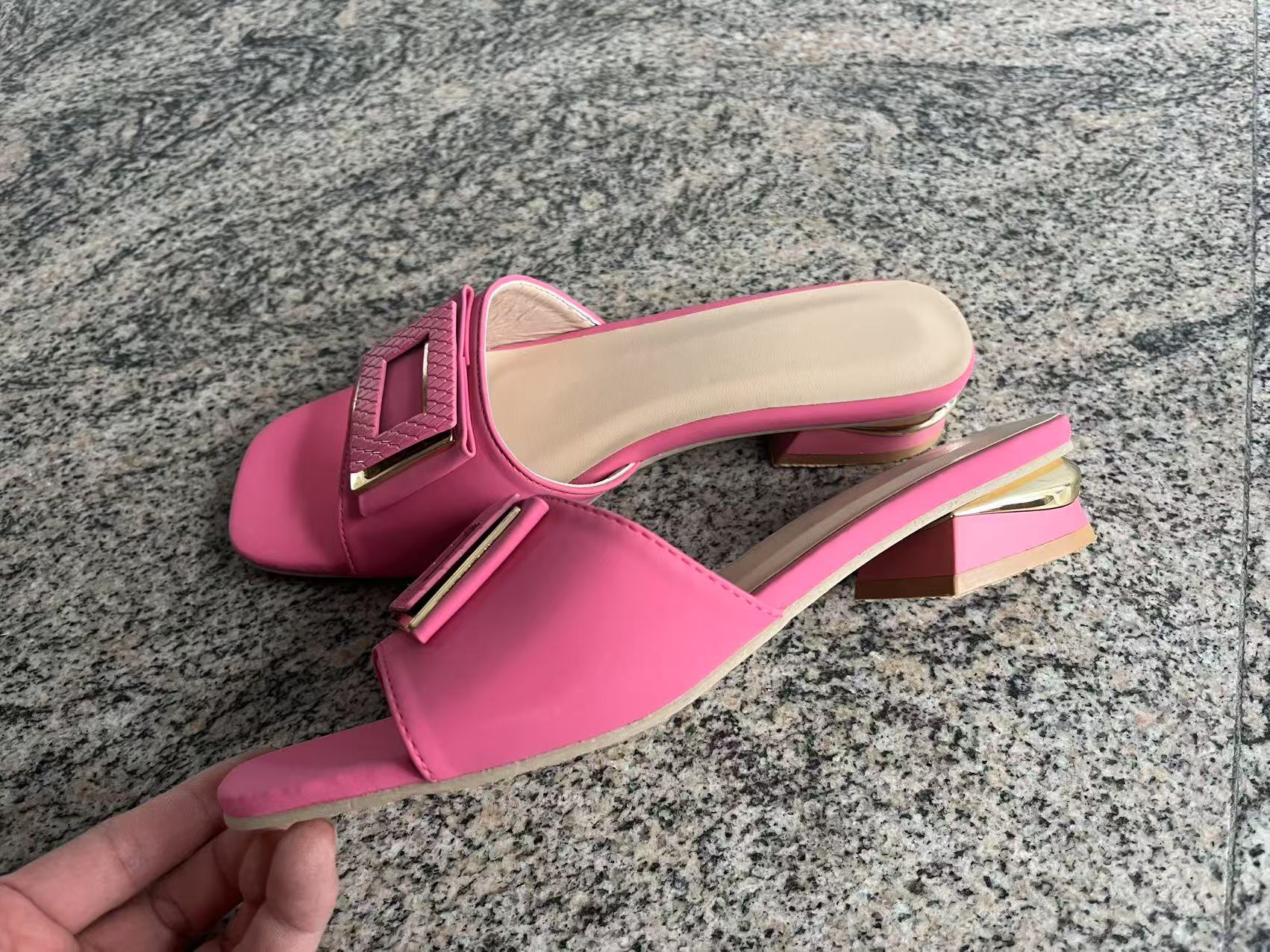 2026 Square Buckle Peep-Toe Slides, Women's Chunky Heel Thong Sandals, Wide Width Outdoor Summer Shoes