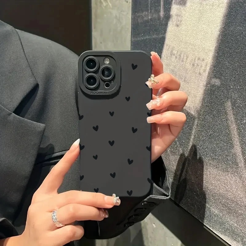 Black Small Heart Compatible with iPhone 16 Case 15 Pro Max Apple 14 Shockproof 13 Trendy Brand 12 Full Coverage 17