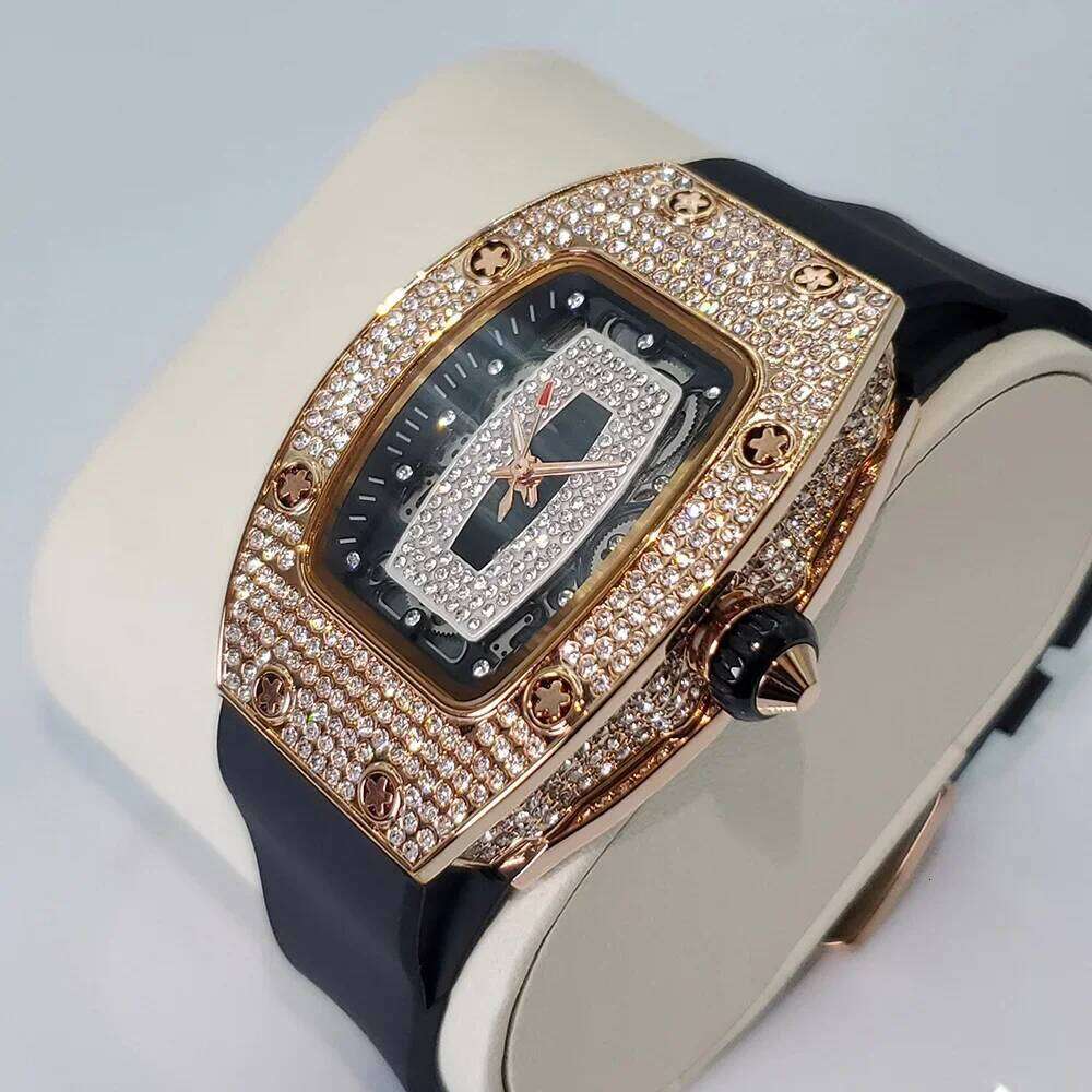 Fashion Rose Iced Watches Women Casual Silicone Strap Quartz Dress Full Diamond AAA Tonnneau Watch For Ladies 26W0117