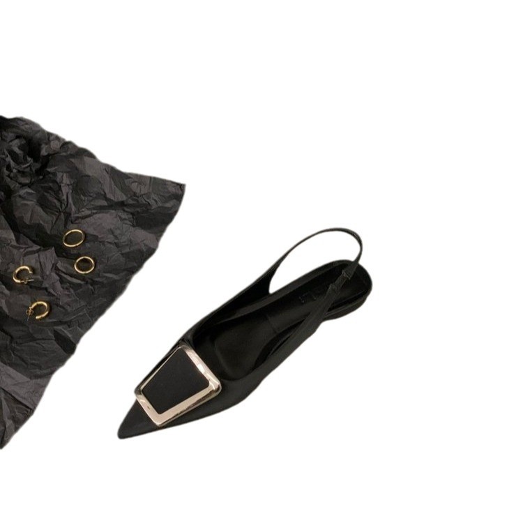 French Style Pointed Toe Ballet Flats, 2026 Black Slingback Shoes with Crystal Accents, Elegant Summer Casual Pumps