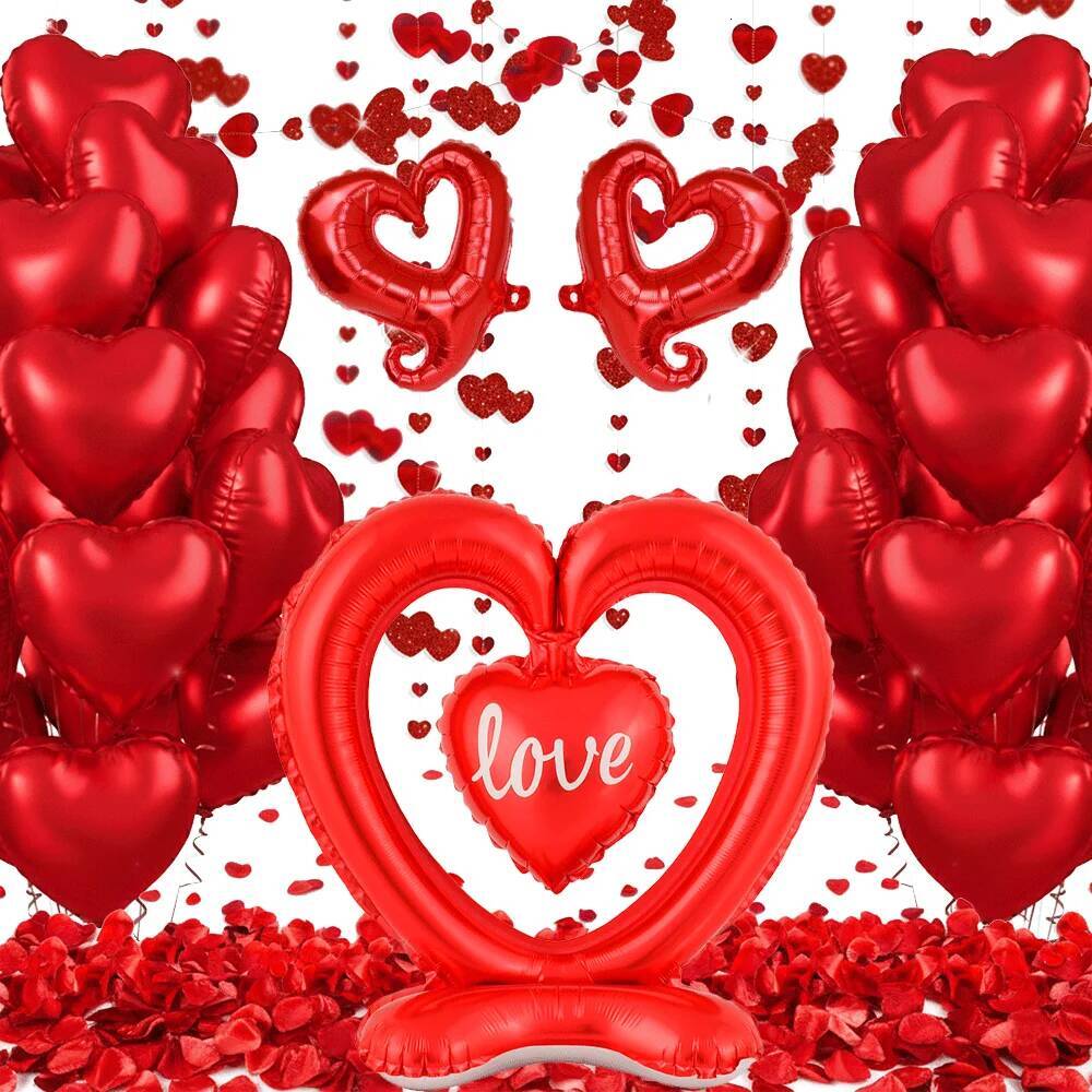 Romantic Valentines Day Decorations Heart Globos Giant Rose I LOVE YOU Foil Balloon Fake Petals For Proposal Wedding Anniversary