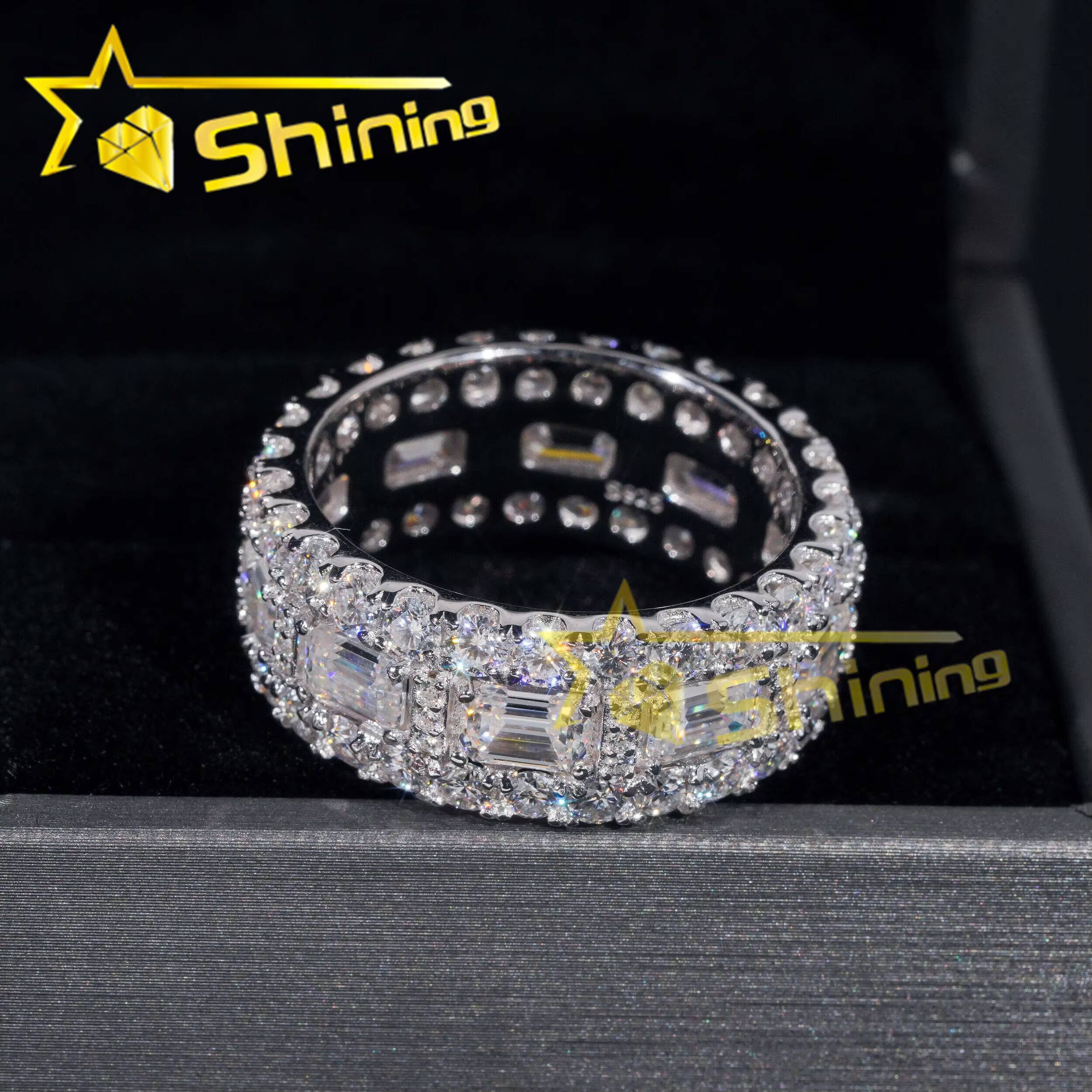 Luxury Emerald Cut Moissanite Iced Out Mens Ring 925 Silver Gold Plated Hip Hop Fine Jewelry Men Ring