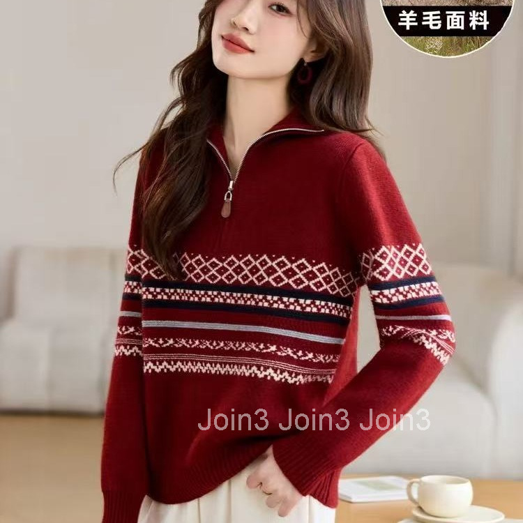 Half-Zip New Year Zodiac Year Wool Knit Red Series Sweater Jacquard Feel Inner Wear Wool Knit Top