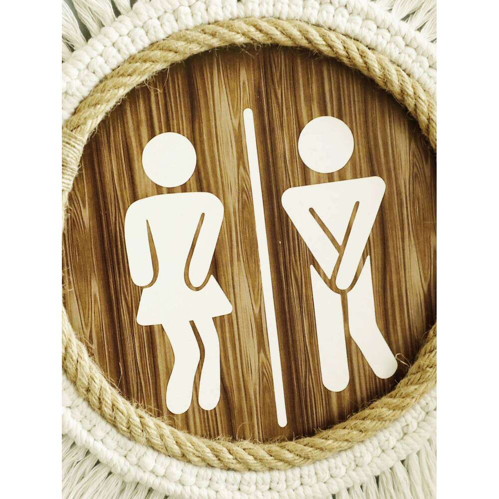 Wall Macrame Sign Round Toilet Decor Men Women Bathroom Symbol Plaque Wooden Rustic Hanging Ornament For Restroom Home Decor