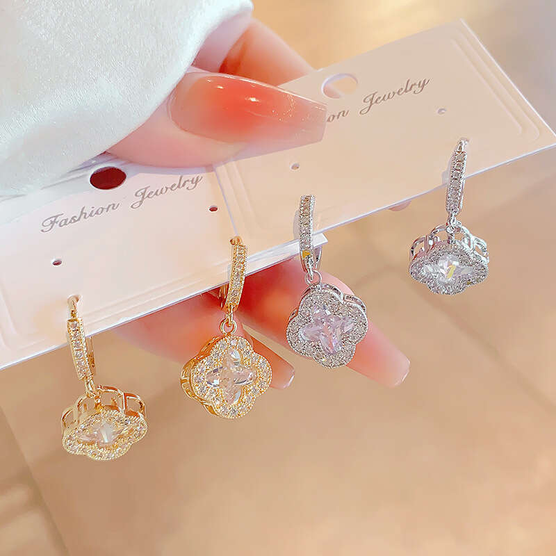 Ear Rings Korean Style Sweet Temperament Simple Niche Four-Leaf Clover Zircon High-End Exquisite Flower Pearl Crystal Earrings Free Shipping