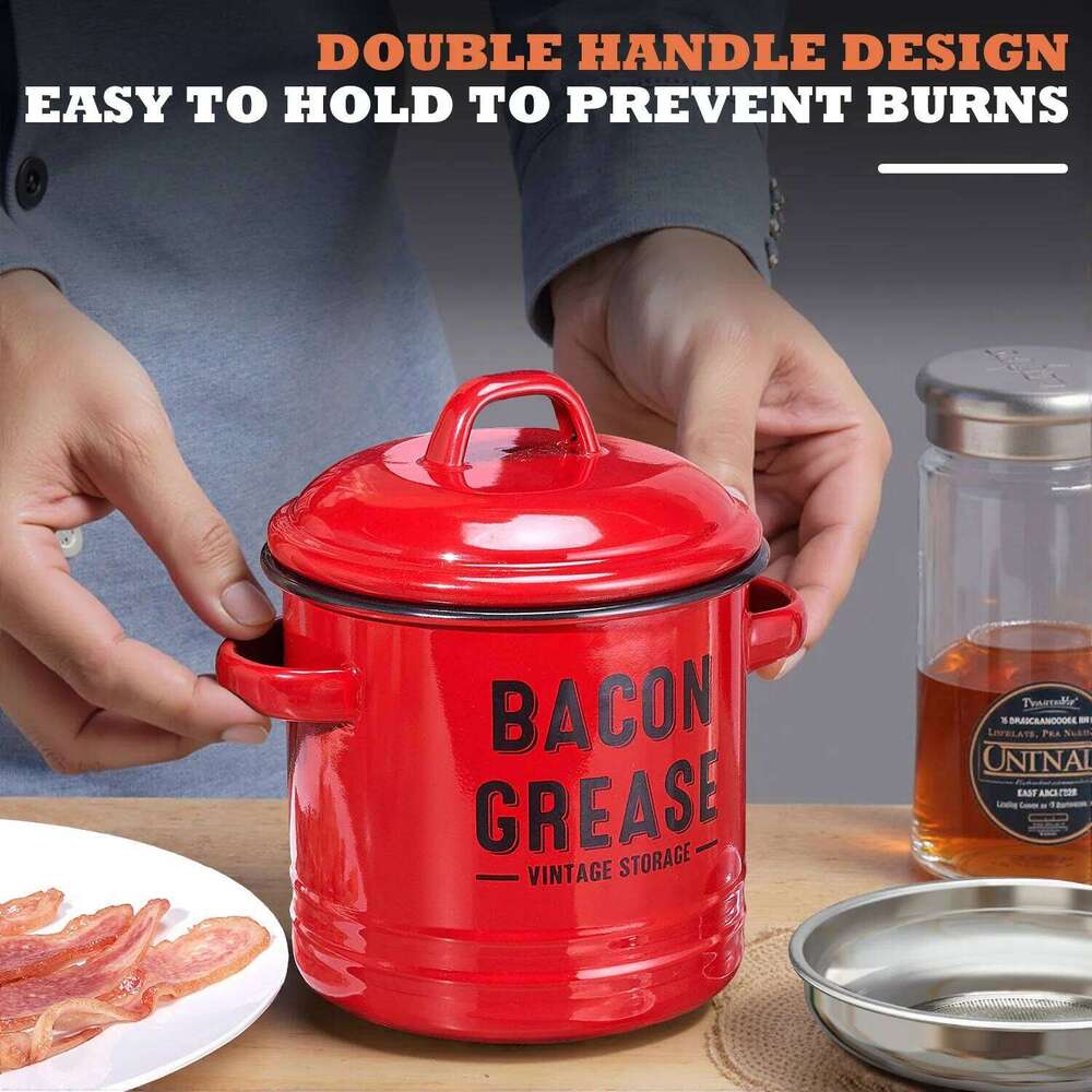 Kitchen Storage Oil Container Strainer Large Grease Can with Lid Food Grade Kitchenware Storage Tank Durable Farmhouse Bacon Drippings Pot Red Storage