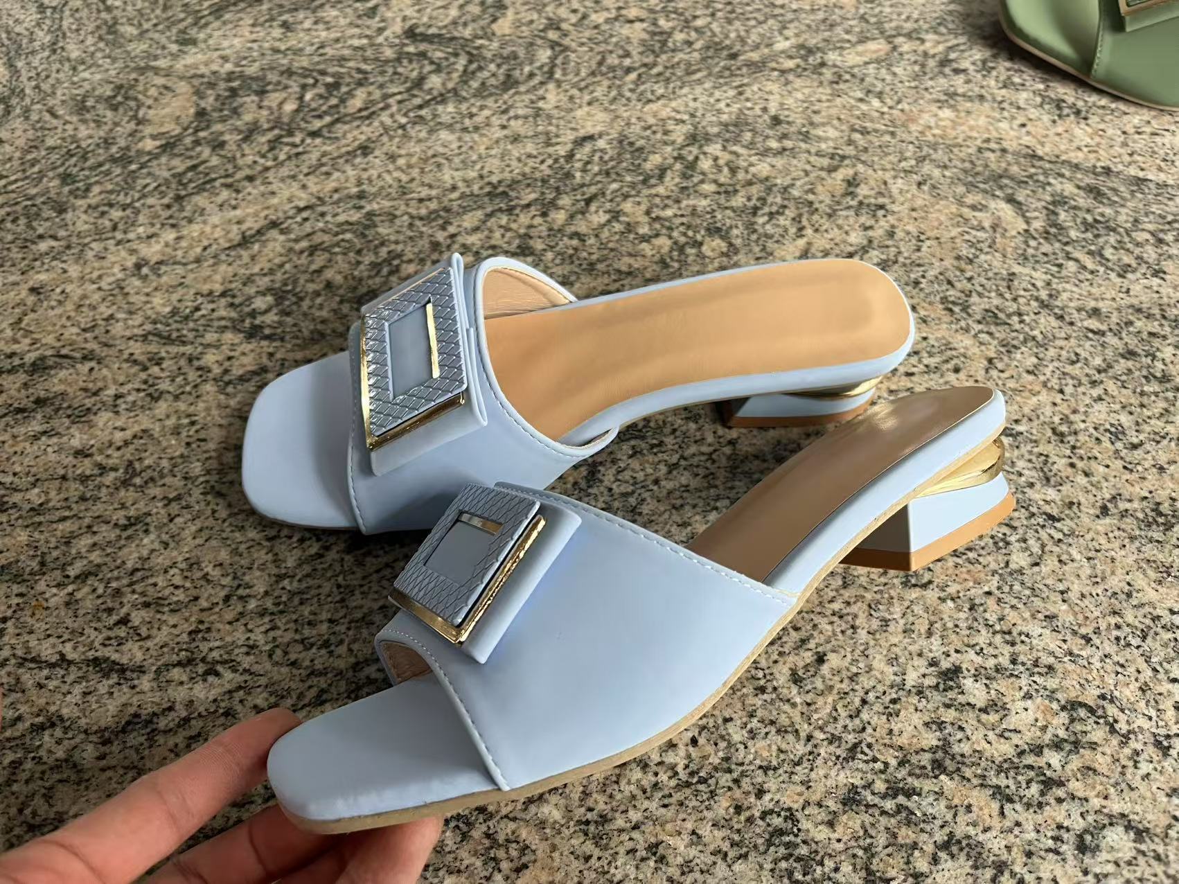 2026 Square Buckle Peep-Toe Slides, Women's Chunky Heel Thong Sandals, Wide Width Outdoor Summer Shoes
