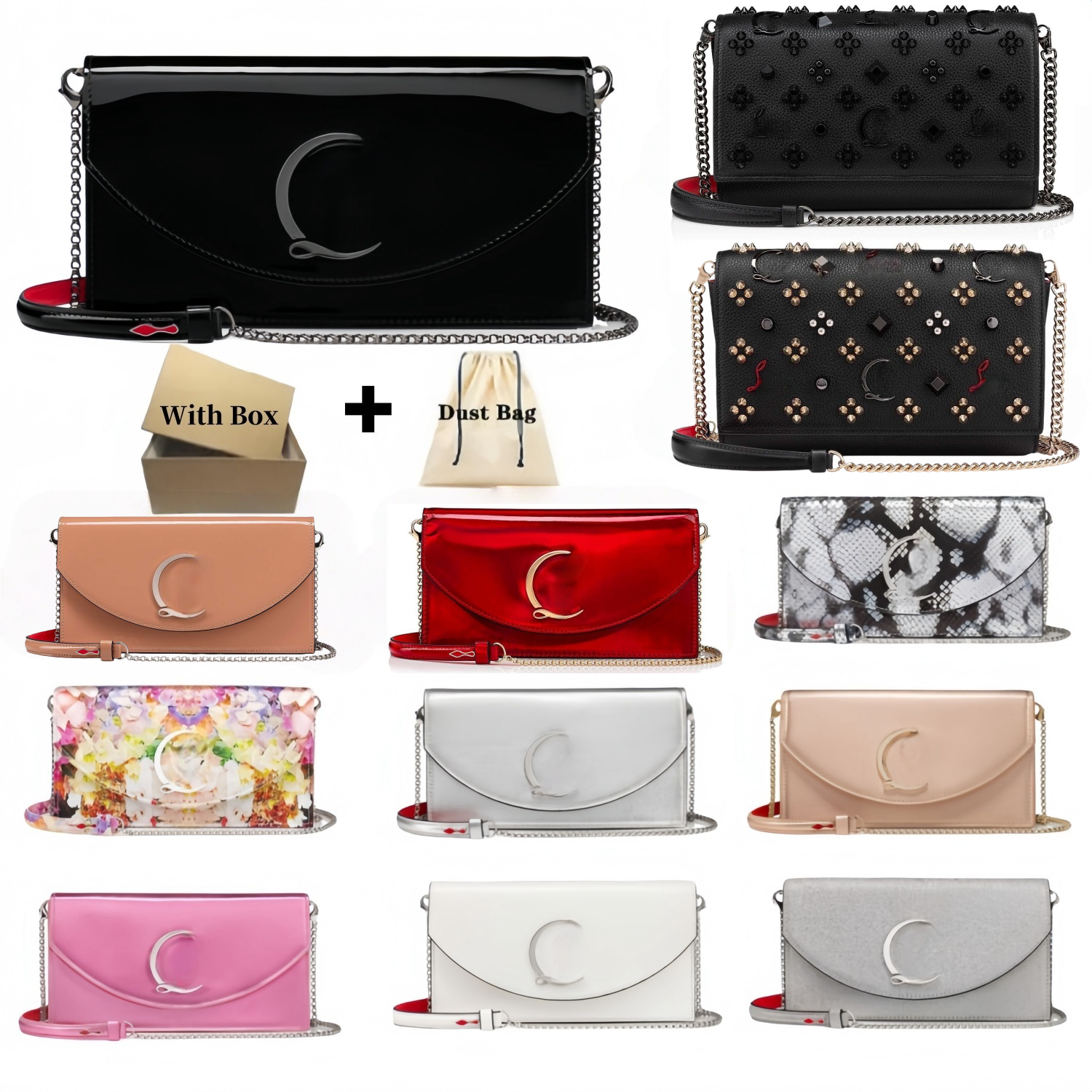 With BOX Handbags Designer Bag High Quality Women Red Mini Bag Black Rivets Gold Silver Chain Bag Nude Black Patent Leather Woman Travel Shopping Bags