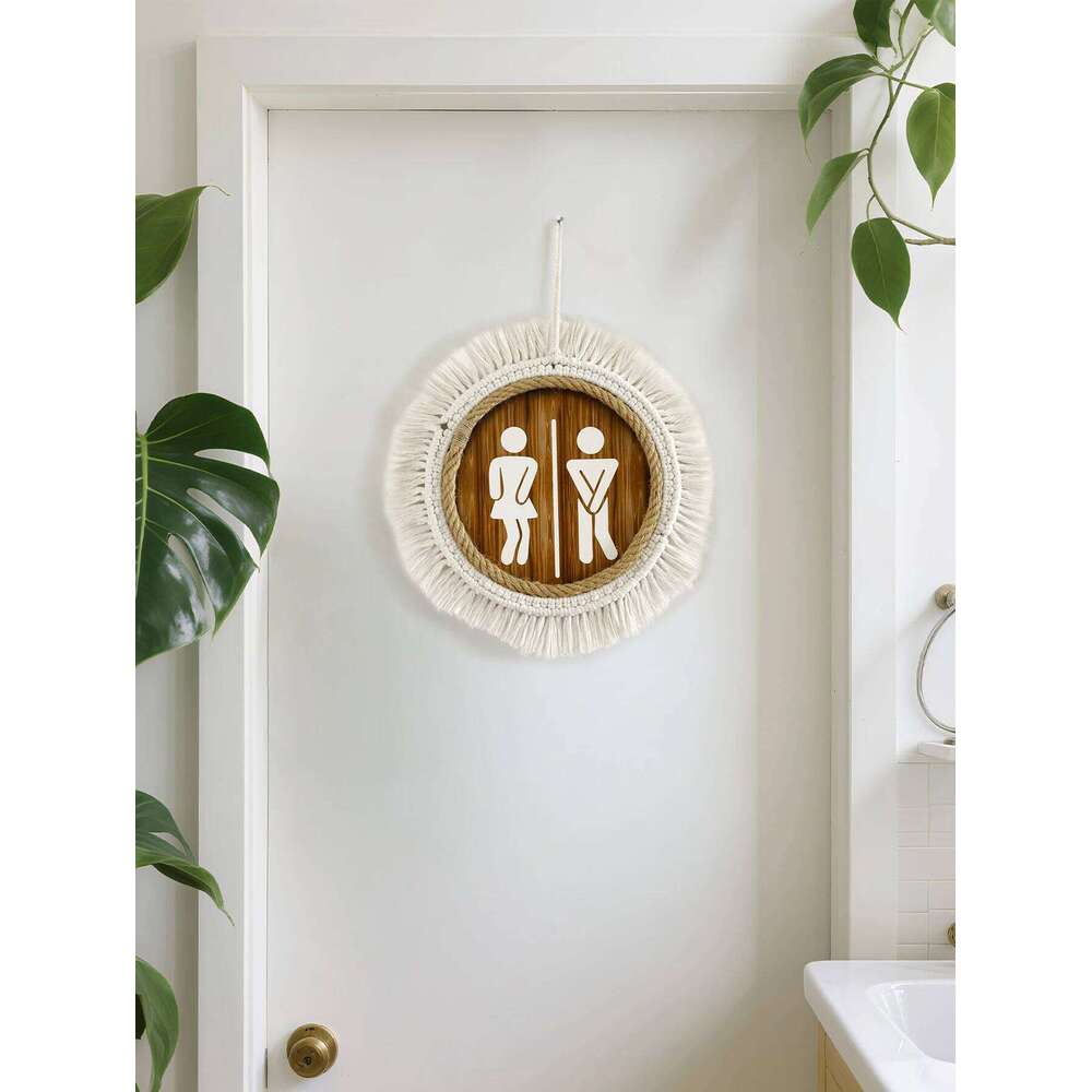 Wall Macrame Sign Round Toilet Decor Men Women Bathroom Symbol Plaque Wooden Rustic Hanging Ornament For Restroom Home Decor