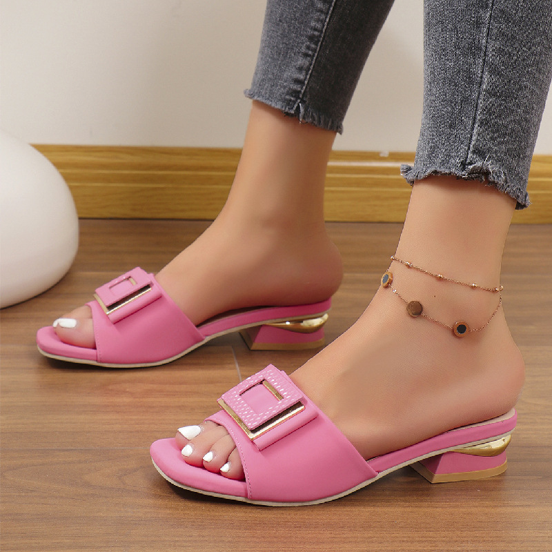 2026 Square Buckle Peep-Toe Slides, Women's Chunky Heel Thong Sandals, Wide Width Outdoor Summer Shoes