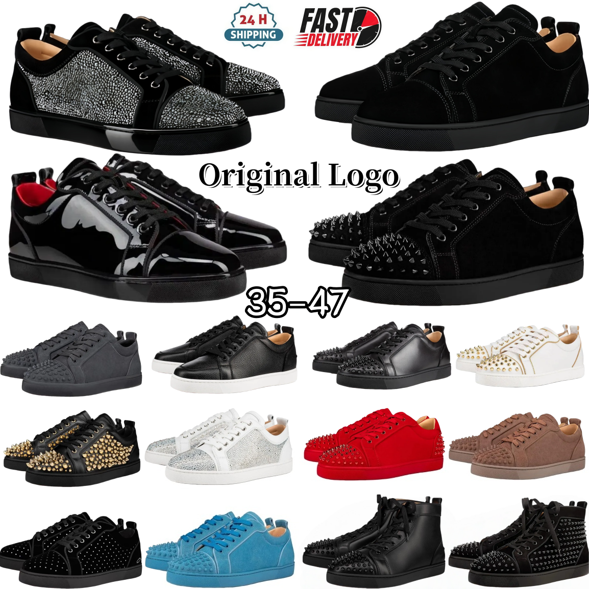 Designer Shoes Red Dress Shoes Men Women Casual Shoes Bottoms Sneakers Glitter Grey Leather Suede Women Fashion Spikes Luxury Classic Office Trainers 35047