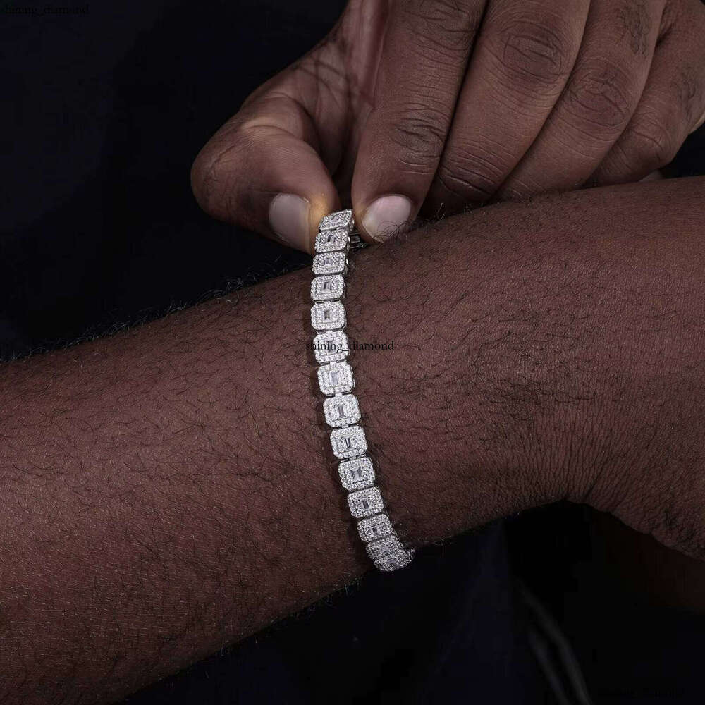 Hip-Hop Jewelry 7.5mm White Gold Sier Cluster VVS Baguette Moissanite Ice Tennis Bracelet for Men and Women