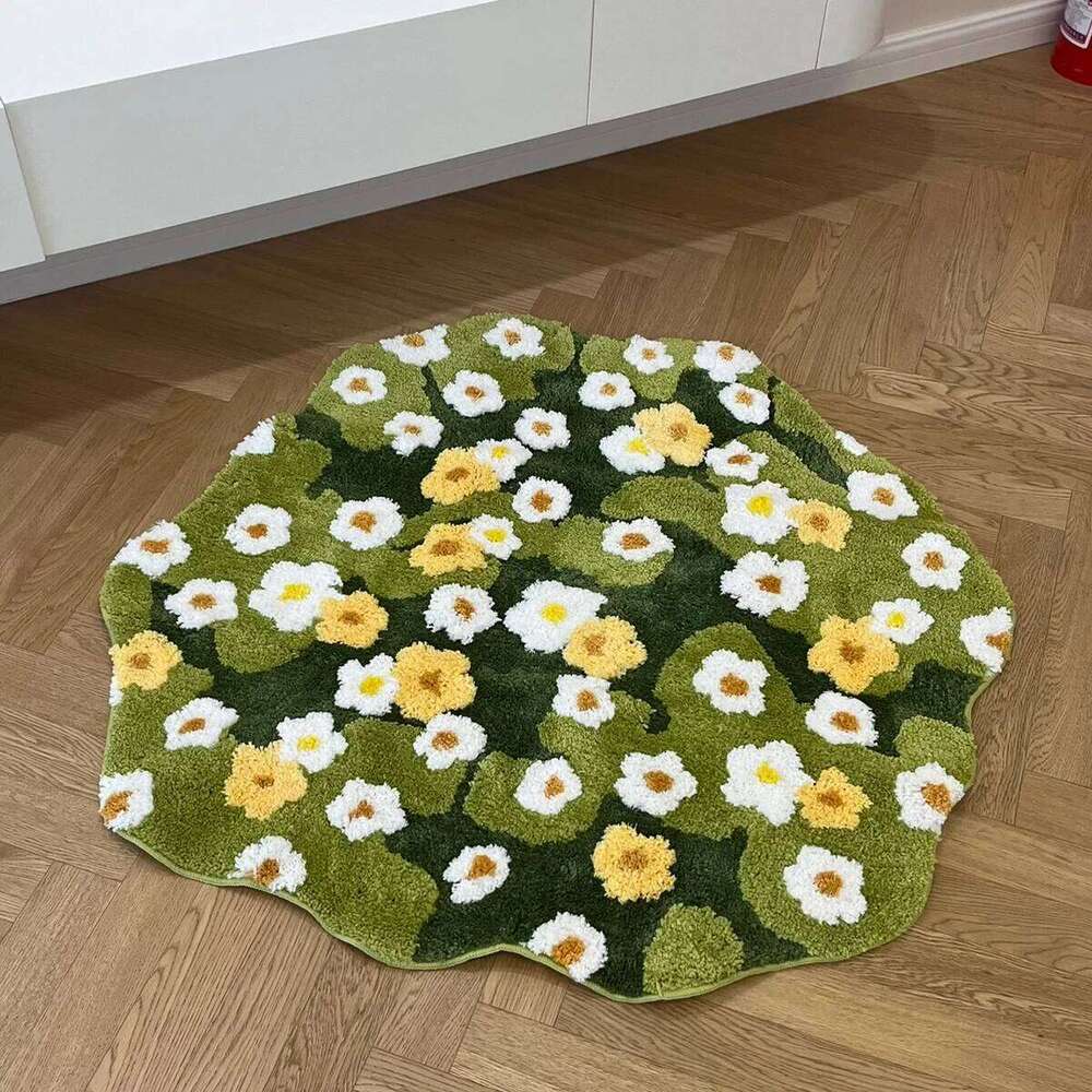 Plush Carpet Luxury Home Decor Daisy Tufting Moss Soft Non-Slip Bedroom Rug Meadow Green Plant Design for Bathroom Living Room Bedside Aesthetic Floor