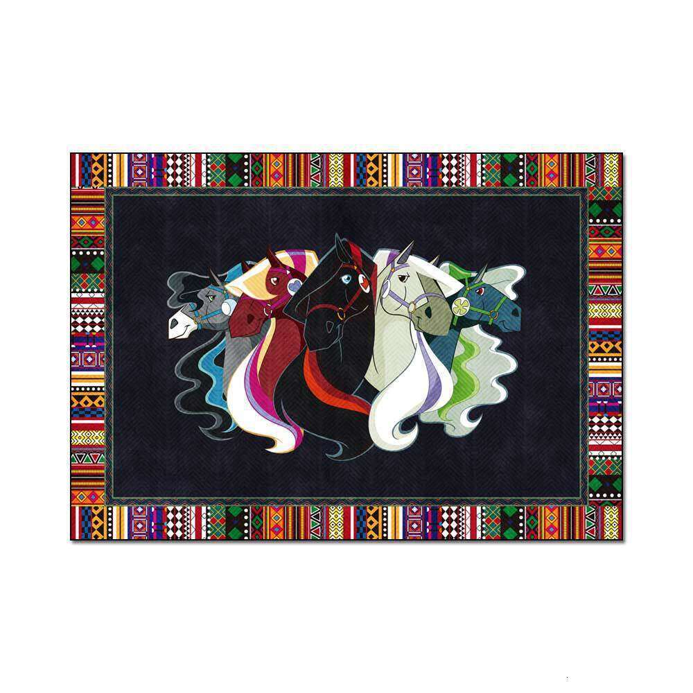 Carpet Fashion Ethnic Style Border Horse Pattern Black Green Orange Yellow For Kitchen Living Room Bedroom Bedside Floor Mat