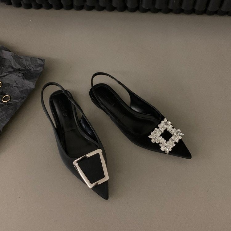French Style Pointed Toe Ballet Flats, 2026 Black Slingback Shoes with Crystal Accents, Elegant Summer Casual Pumps