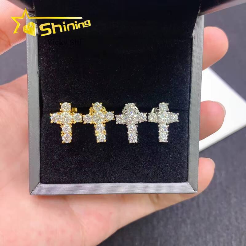 Worldwide Shipping Women Fine Screw Back Earrings S925 Silver Gold Plated Vvs Moissanite Cross Stud Earrings