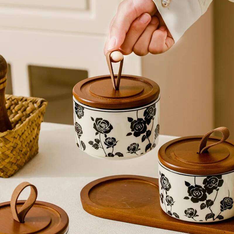 Ceramic Storage Jar Black Rose Pantry Decor Kitchen Storage Airtight Food-Grade Container for Coffee Beans Tea Sugar Kitchenware Sealed Storage Bottle