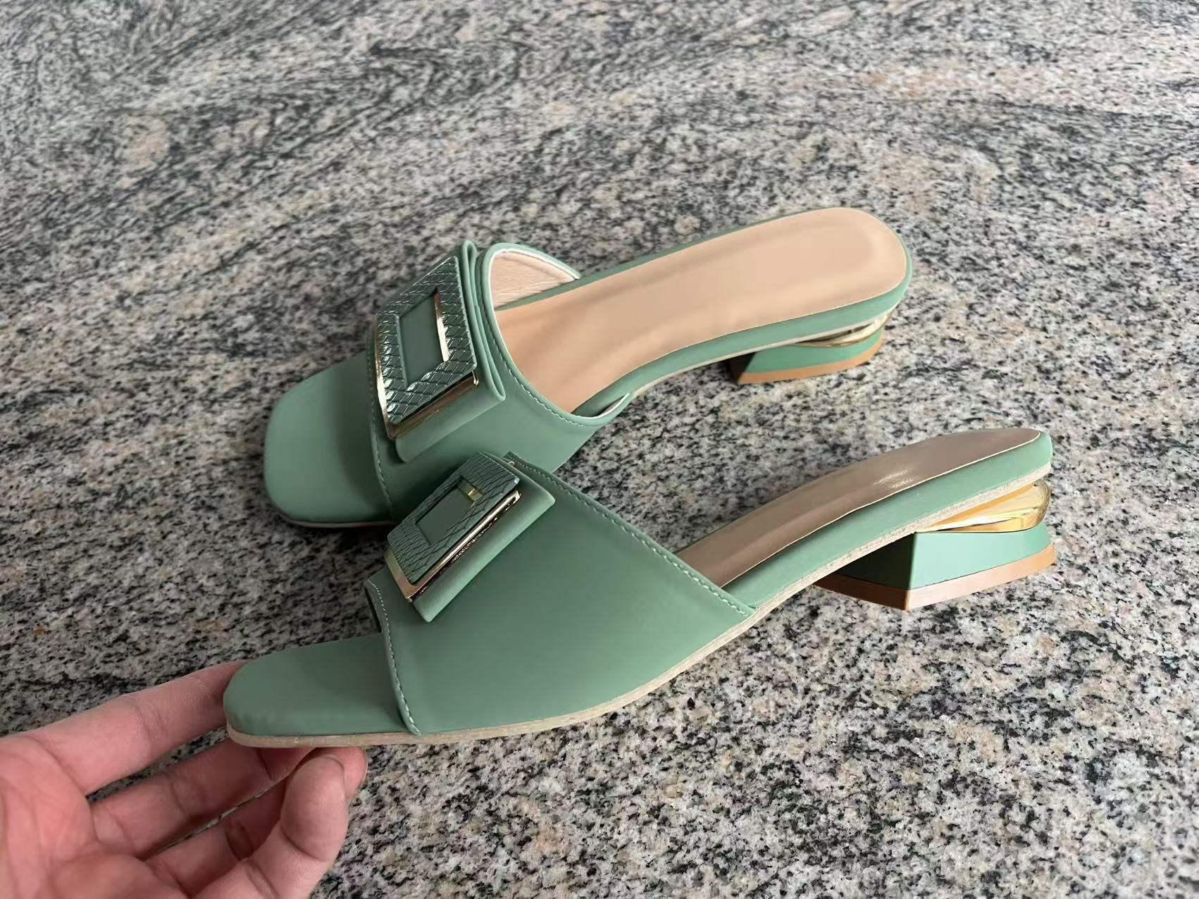2026 Square Buckle Peep-Toe Slides, Women's Chunky Heel Thong Sandals, Wide Width Outdoor Summer Shoes