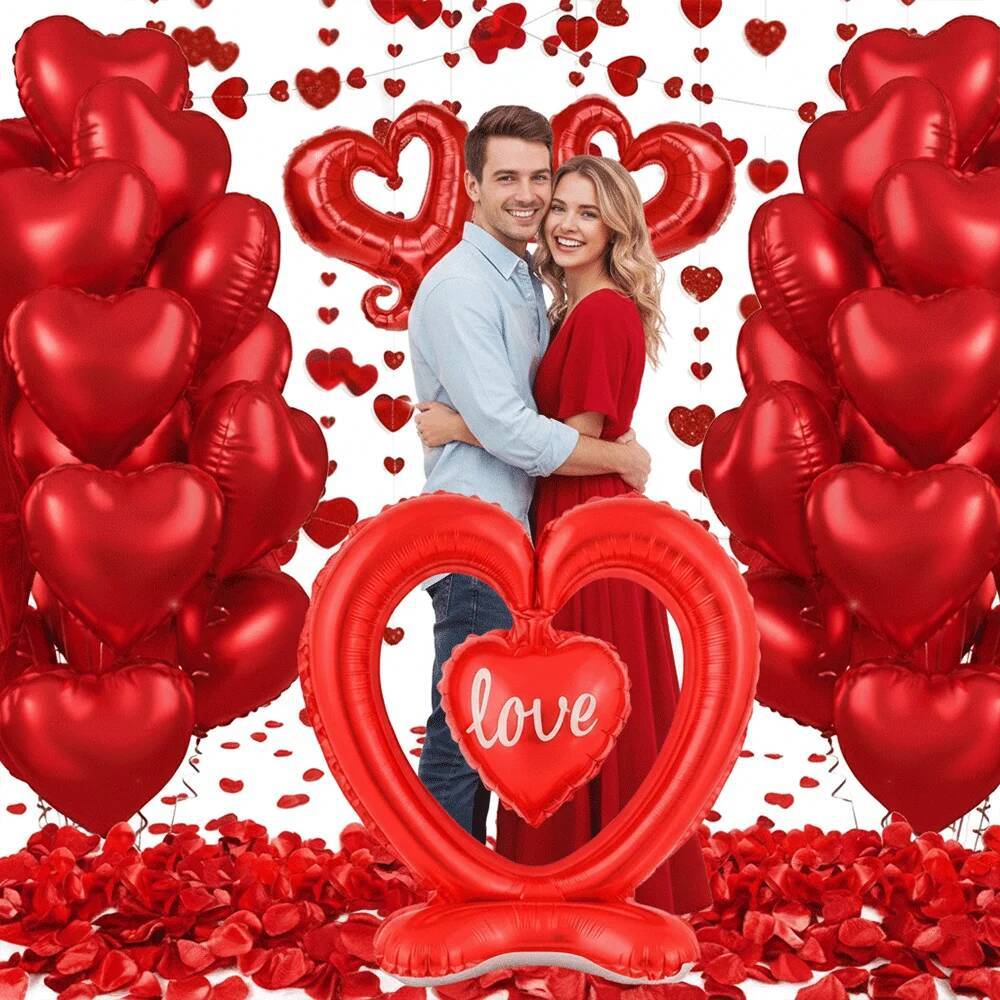 Romantic Valentines Day Decorations Heart Globos Giant Rose I LOVE YOU Foil Balloon Fake Petals For Proposal Wedding Anniversary