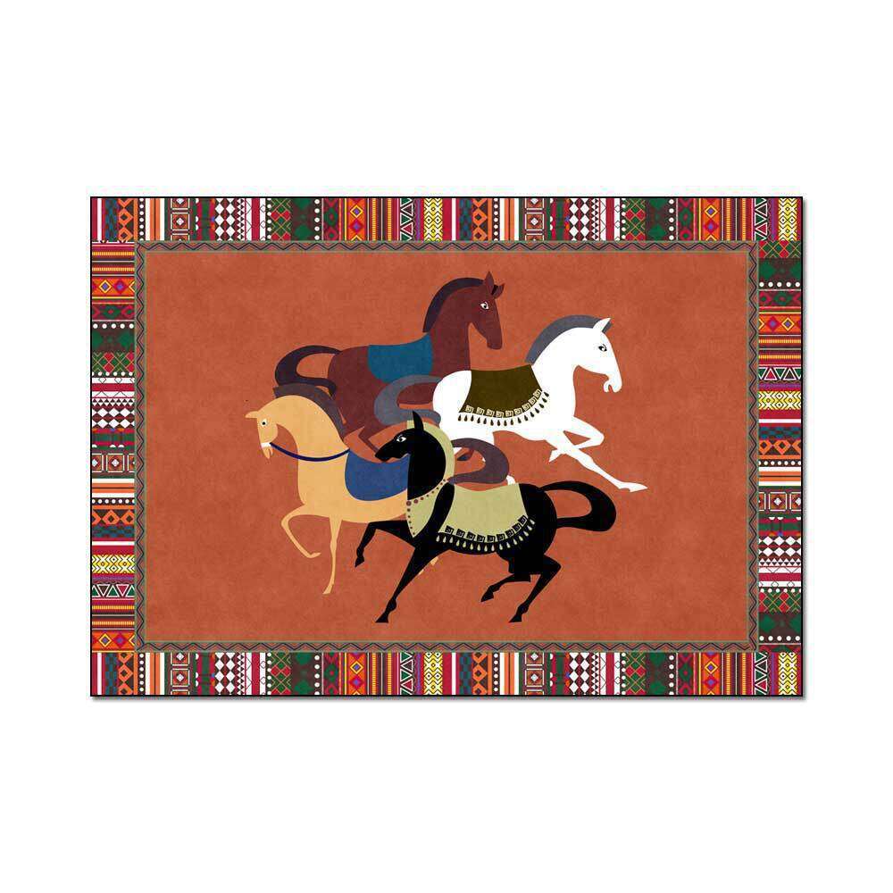 Carpet Fashion Ethnic Style Border Horse Pattern Black Green Orange Yellow For Kitchen Living Room Bedroom Bedside Floor Mat