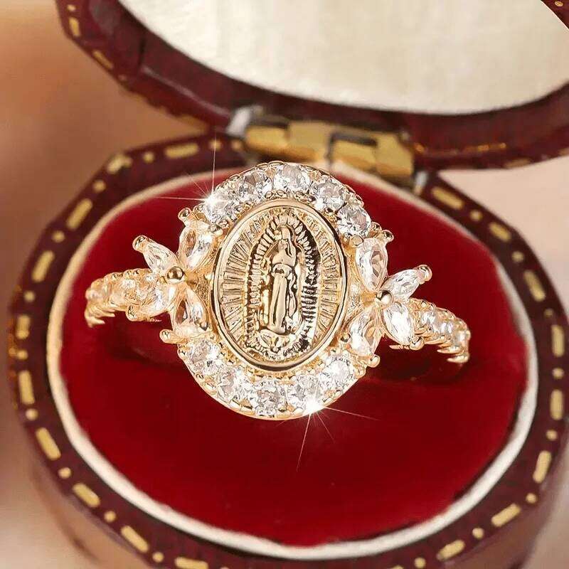 Elegant Gold Color Virgin Mary Ring with Synthetic Zirconia - Perfect for Casual Attire & Special Occasions