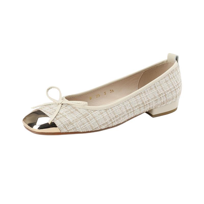 Luxury Sandals 2026 elegant Women's Tweed Ballet Flats Square Metal Cap Toe Bow Detail Casual Dress Shoes Free Shipping