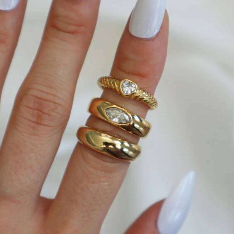 3Pcs Chunky Heart Zirconia Statement Dome Gift for Her, Boho Rings, Stackable Ring, Vintage Style Ring