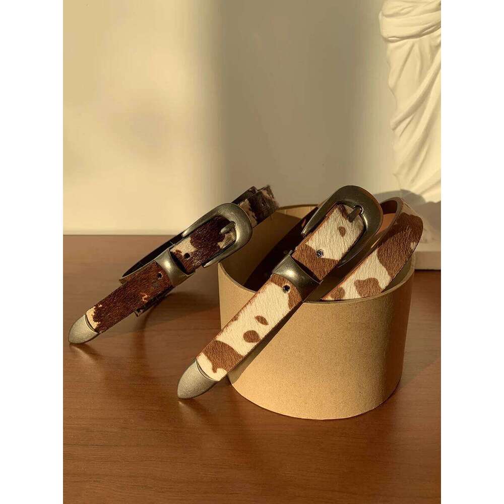 Women Men Handmade Cow Print Buckle Belt 2cm 26Y0117